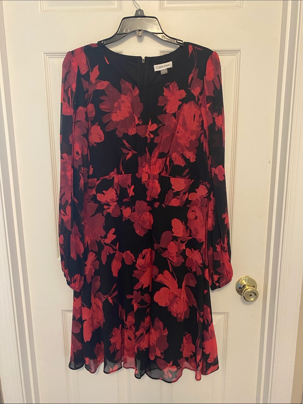 Calvin Klein Black Long-Sleeve Dress with Red Floral Print